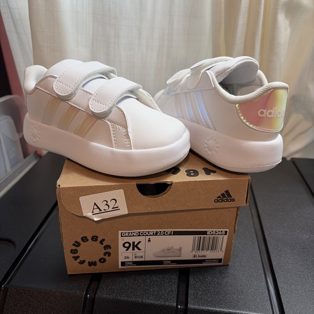 Adidas US 9K Grand Court 2.0 CFI Bubble Comfy White Children's Sneaker Shoes NIB